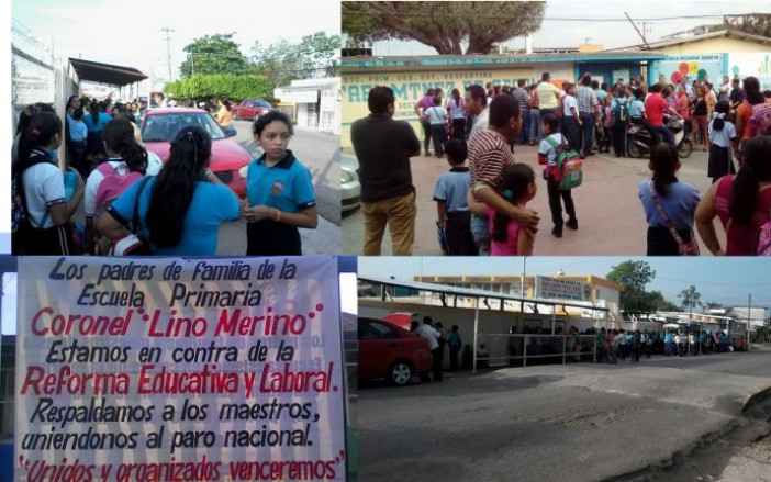 (Norma Sarabia, Neftalí Ortiz, Mario ALberto Mendoza, Román Hernández / Tabasco HOY) Escuelas amanecieron cerradas por padres de familia en repudio a la reforma educativa. 