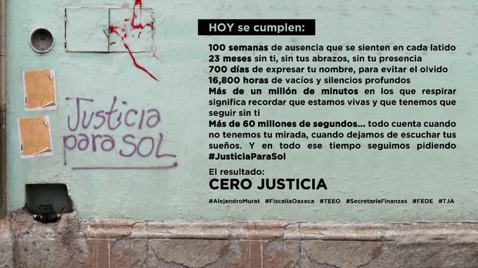 100 semanas sin Sol: periodistas y activistas exigen justicia a Gobierno y Fiscalía de Oaxaca