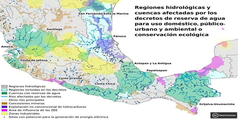 Mapa de cuencas de agua privatizadas y zonas económicas