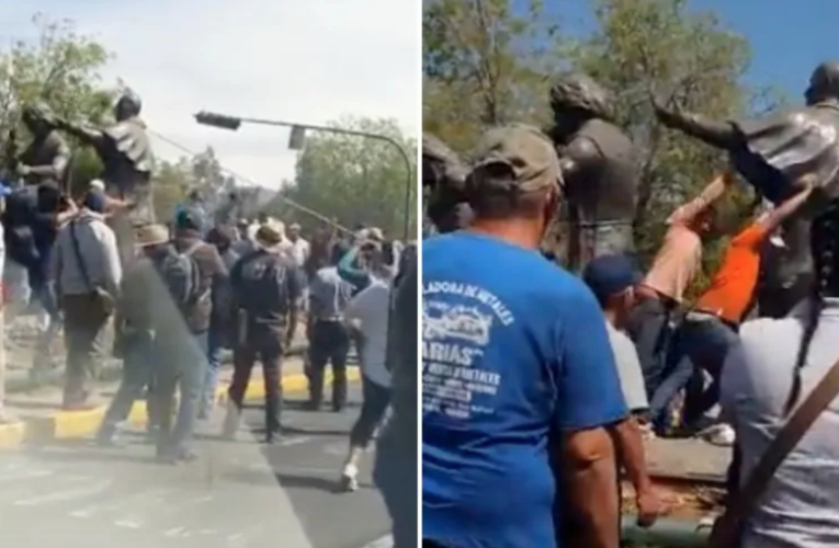Michoacán: Purépechas tiran estatua de españoles; detienen a 24 y bloquean carreteras