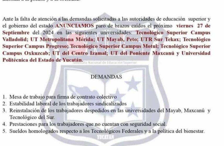 Anuncian Paro Laboral en Diversas Universidades de Yucatán por Derechos Laborales